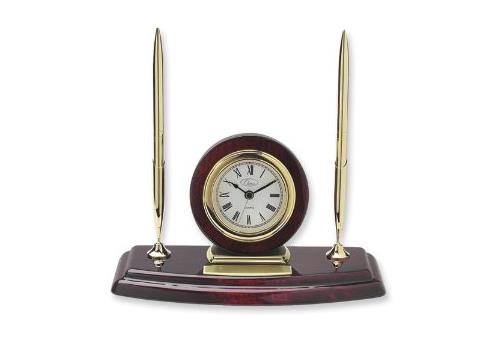 Mahogany Finish Gold Trim Double Pen Ambassador Desk Clock